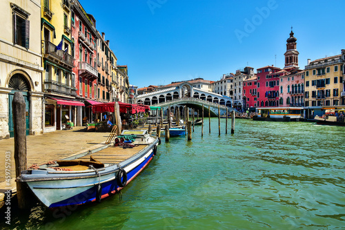 Rialto Bridge and canal in Venice, typical architecture of Italy