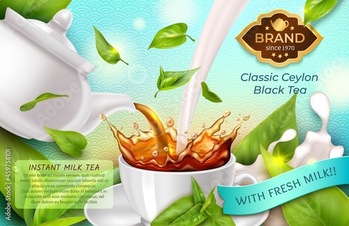 Realistic Detailed 3d Classic Black Tea with Fresh Milk Flow Effect into Mug Ads Banner Concept Poster Card. Vector illustration