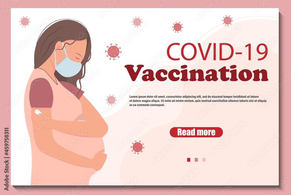 Obraz premium Web banner with pregnant woman in medical mask after vaccination, vaccination for pregnant, healthcare concept, medicine concept