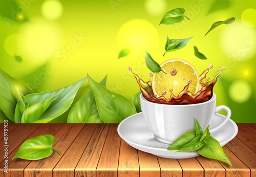 Realistic Detailed 3d Black Tea with Lemon Concept Background. Vector illustration of Hot Beverage with Citrus