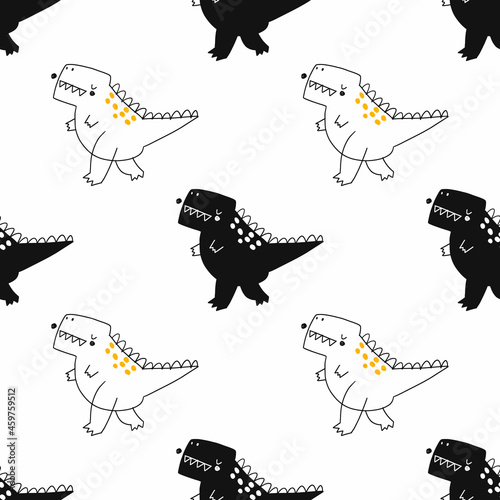 Vector hand-drawn seamless childish pattern with cute doodle dinosaurs on a white background. Kids texture for fabric, wrapping, textile, wallpaper, apparel. Dino. Scandinavian style illustration.