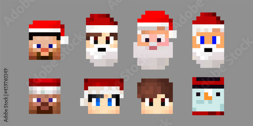 Set of pixel christmas characters avatars. Heroes game concept. Game characters concept avatars. Sanata Klaus, a snowman, a hero with a hat. Vector illustration