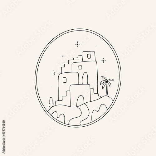Bohemian scene of old or ancient houses on island inside the oval frame. Modern line illustration. Trendy boho art. Vector.	