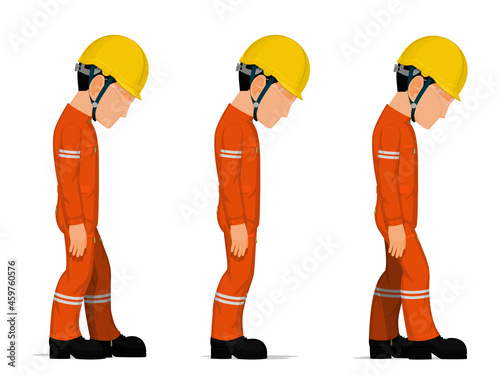 Set of workers are looking down on white background