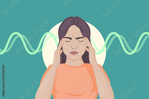 Woman with a headache and dizziness. Havana syndrome. The negative impact of microwaves on humans. Vector illustration at cartoon style. 