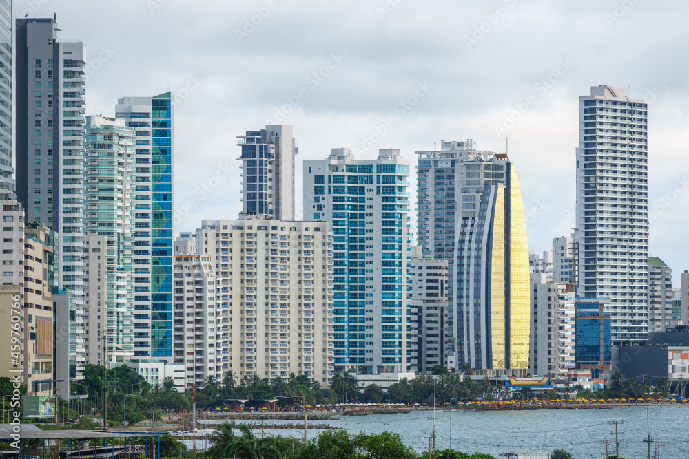 Obraz premium Closeup panoramic view of the Cartagena modern Downtown skyline in Colombia