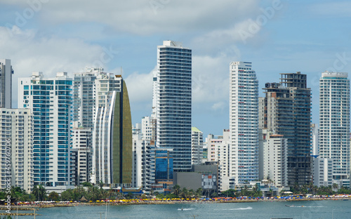Closeup panoramic view of the Cartagena modern Downtown skyline in Colombia