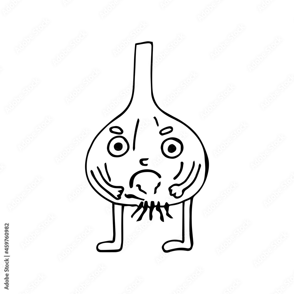 Funny cartoon character garlic. Vegetables and fruits. Vector illustration. Isolated. Doodles. Comics. Coloring pages for children and adults.