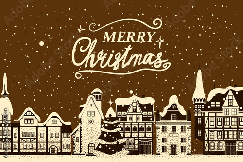 Vintage banner Merry Christmas, winter Europe old town cityscape. Urban landscape greeting card. Vector illustration cartoon retro style
