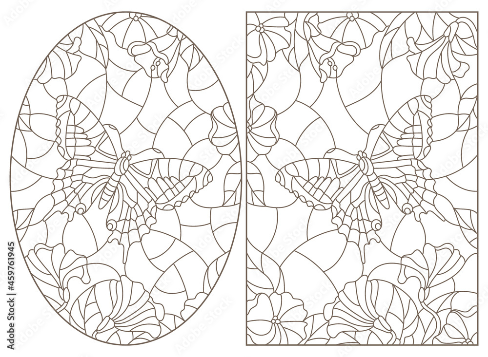 Set of contour illustrations of stained-glass Windows with a butterfly, dark contours on a white background Set of contour illustrations of stained-glass Windows with a butterfly, dark contours on a white background