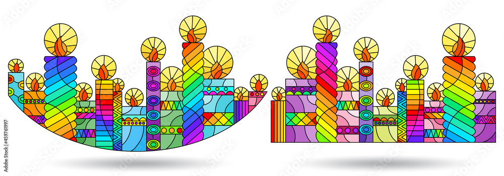 Fototapeta premium A set of illustrations in the style of stained glass with compositions of candles, isolated on a white background