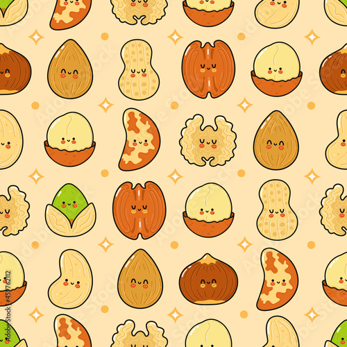 Cute funny nuts concept seamless pattern. Vector hand drawn cartoon kawaii character illustration icon. Cute nut cartoon seamless pattern concept