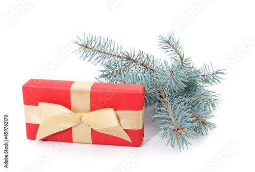 Blue branches of pine with a gift.