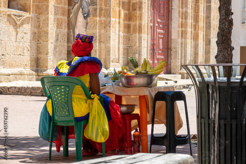 Traditional colorful fruit street vendors in Cartagena de Indias called Palenqueras