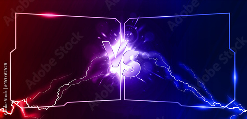 Lightning collision red and blue background with VS letters, concept Versus banner with frame and Powerful colored lightnings and the flash from the collision. Versus battle banner template. Vector