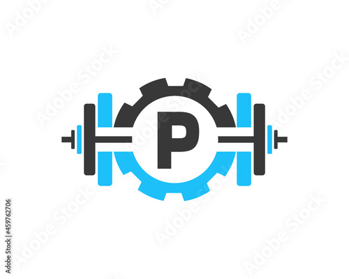 Fitness Gym Logo On Letter P. Fitness Club Icon With Exercising Equipment. Initial Alphabet Letter P GYM Logo Design Template