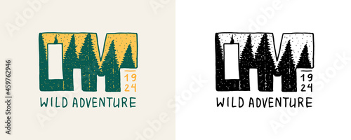 Christmas trees emblem. Wild adventure badge. Fir forest. Engraved hand drawn in old vintage sketch. Doodle Wooden travel logo. Camp sticker. 