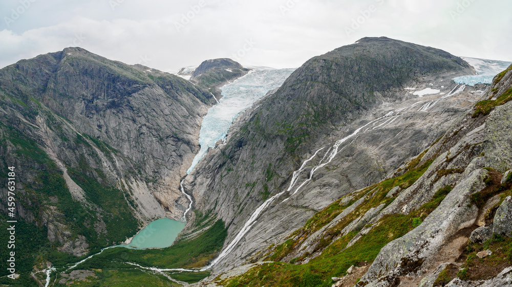 Briksdalbreen glacier and its lagoon from Kattanakken, Jostedalsbreen National Park, Norway. Briksdalbreen glacier and its lagoon from Kattanakken, Jostedalsbreen National Park, Norway.