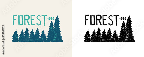 Christmas trees emblem or badge. Fir forest. Engraved hand drawn in old vintage sketch. Doodle Wooden travel logo. Hiking sticker. 