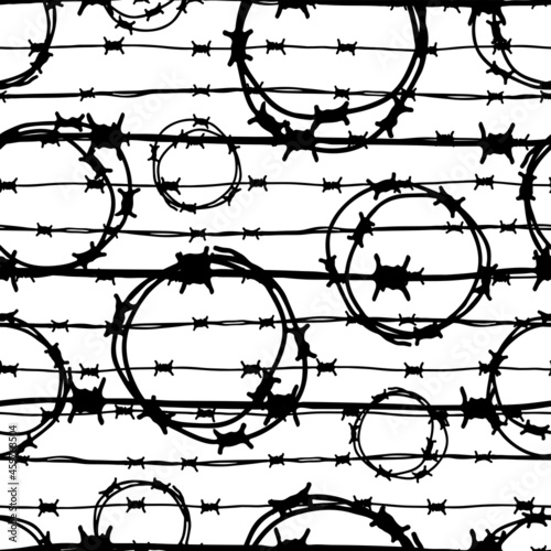 Black ink round and striped barbed wire isolated on white background. Cute monochrome linear seamless pattern. Vector simple flat graphic hand drawn illustration. Texture.