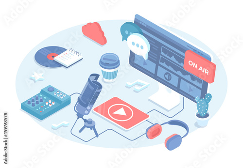 Podcast recording and listening. Broadcasting, online radio, audio streaming service. Vector illustration in 3d design. Isometric web banner.