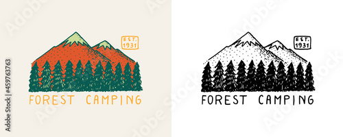 Mountain with trees and hill emblem. Camping badge. Fir forest and mount. Engraved hand drawn in old vintage sketch. Doodle Wooden travel logo. Explorer, wilderness sticker. 