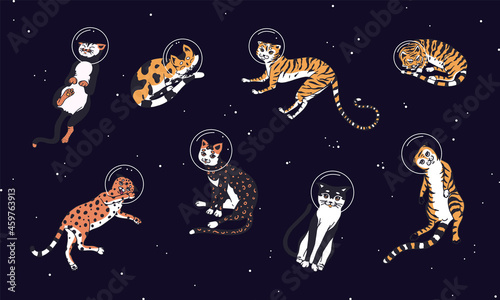Cute Cats in space. Astronaut animal in the sky against a background of stars. Funny doodle kitties in different poses.