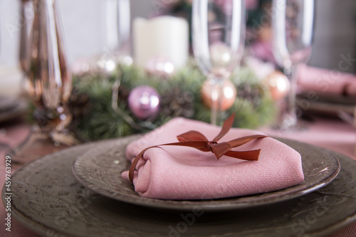 Beautifully decorated New Year's table, christmas table setting, christmas still life, christmas table decoration