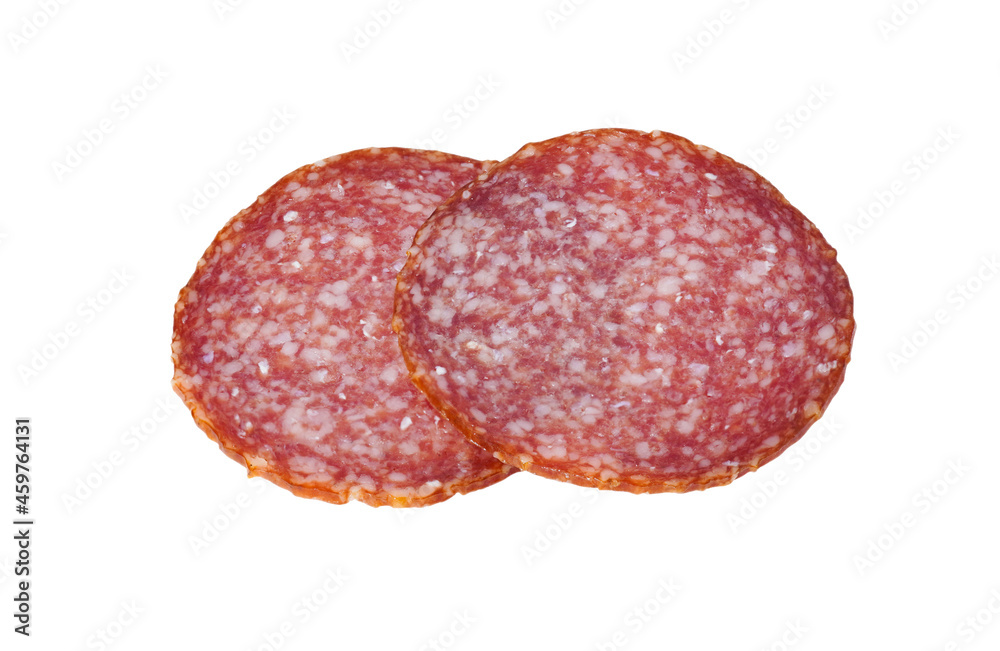 Sliced salami isolated on white background with clipping path. Sausage top view.