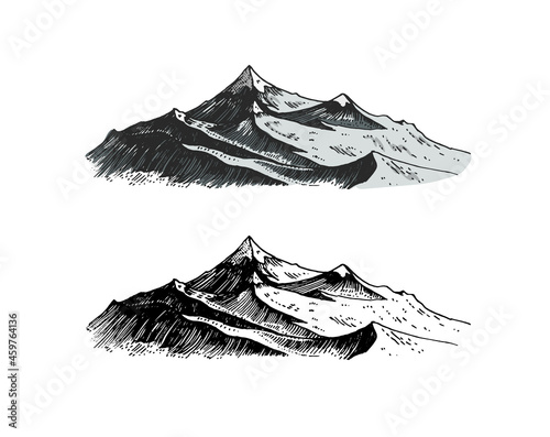 Mountains peaks. Old Hill. Vintage  looking hand drawn. Engraved style. Sketch for hiking  climbing. Doodle style