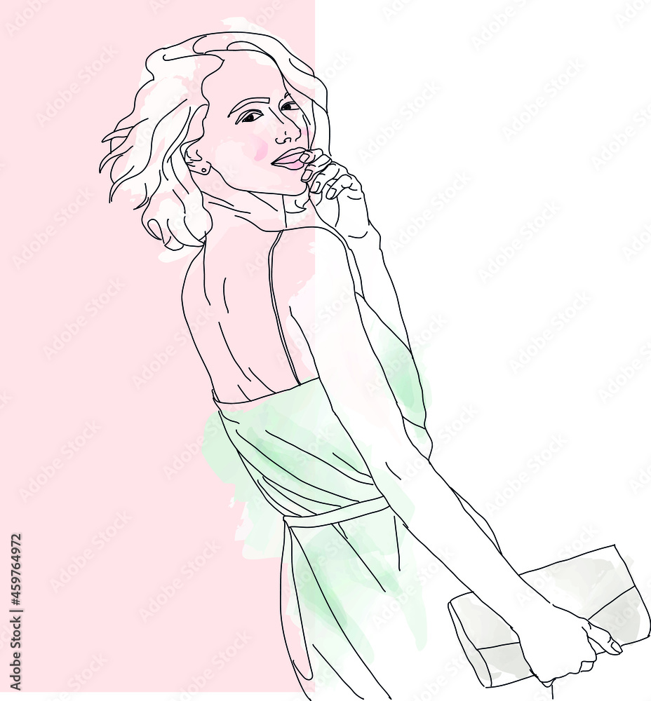 fashionable woman in summer dress with handbag. illustration, water-based paint
