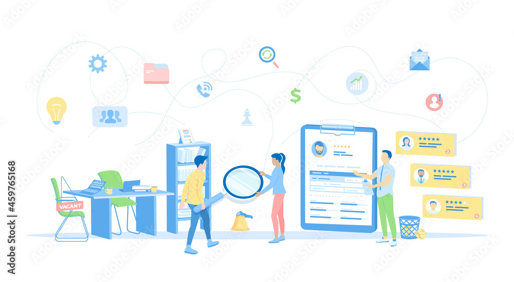 Recruitment, human resources. Analyzing personnel resume. Vacant workplace. HR managers choosing candidates for job. Vector illustration flat style.