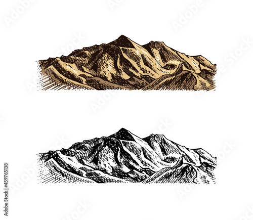 Mountains peaks. Old Hill. Vintage, looking hand drawn. Engraved style. Sketch for hiking, climbing. Doodle style