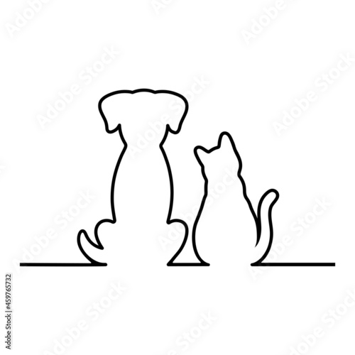 Contour linear illustration of a cat and a dog on a white background