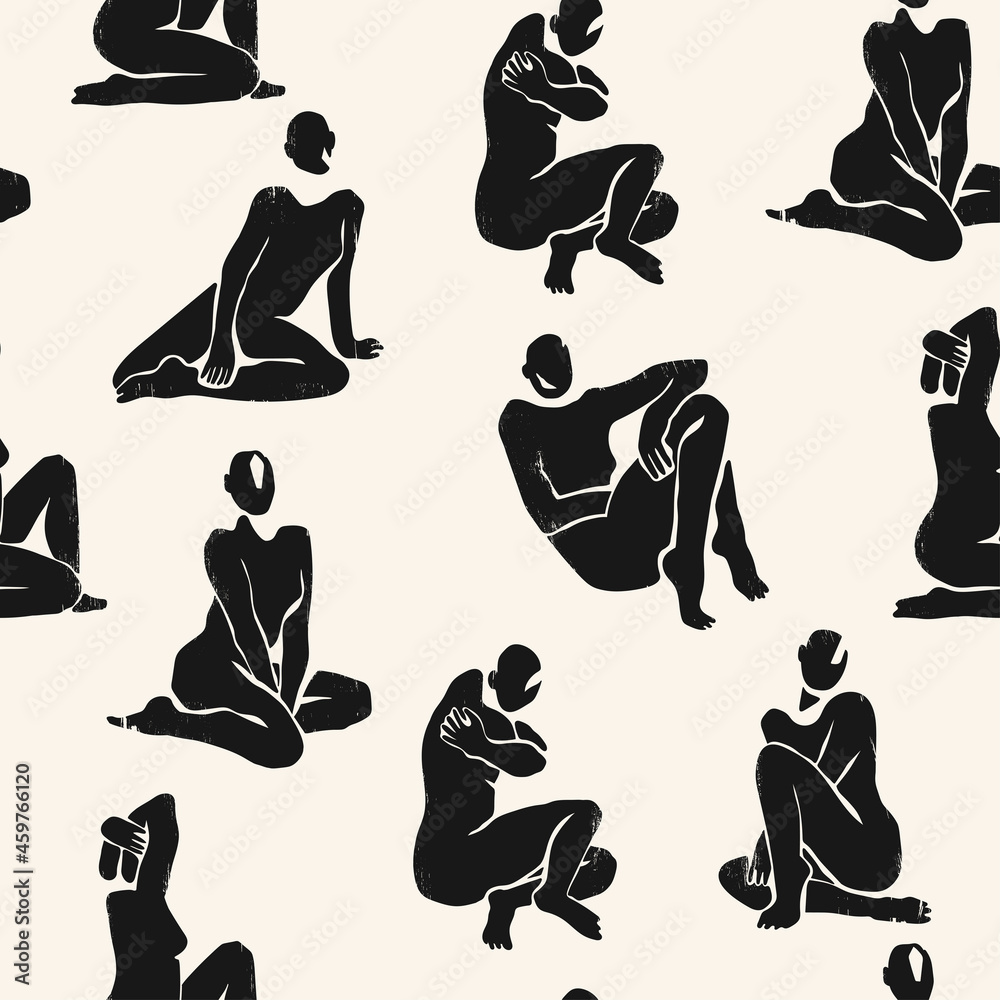 Abstract female silhouettes. Graceful posing faceless ladies. Attractive women bodies. Contemporary style. Hand drawn trendy Vector seamless Pattern. Modern background, wallpaper template