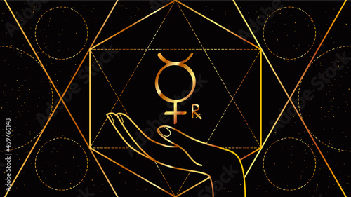 Retrograde Mercury planet icon in the palm. Astrological sign on a black background with geometric ornament of golden color.