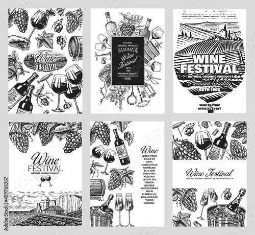 Wine posters or vineyard banners. Sparkling champagne background, Cheers toast and Grape. Tuscany landscape. Hand Drawn engraved vintage old sketch for bar, alcohol label, restaurant menu.