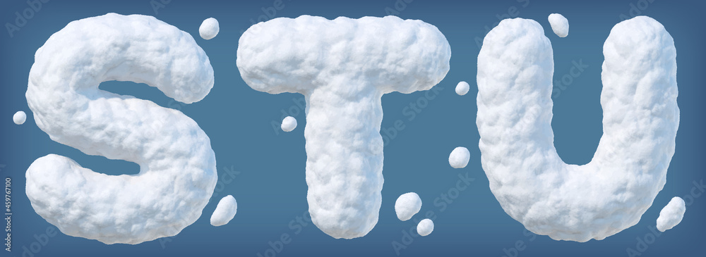 Snowy alphabet with letters S, T, U. Lettes made of snow. Winter font on blue background. Vector illustration - obrazy, fototapety, plakaty 