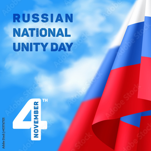 Greeting card or banner to Russian National Unity Day - 4th November. Vector illustration to holiday in Russia with a national tricolor flag on blue sky background with clouds photo