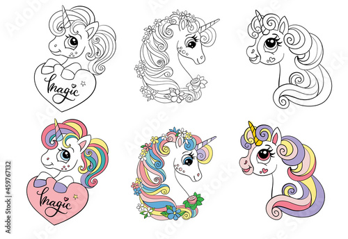Set of three cartoon unicorns heads coloring book pages