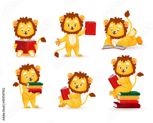 Fototapeta Naklejka Na Ścianę i Meble -  A little lion is reading a book, a set of animal figurines in a cartoon style. Vector