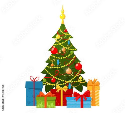 Christmas tree decorated with a garland, decorative balls, beads and lamps. gift boxes. Vector flat style illustration