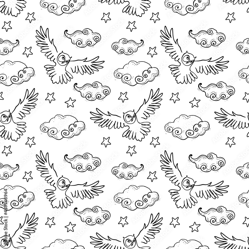Minimalist doodle style black outline owl seamless pattern design Minimalist doodle style black outline owl seamless pattern design