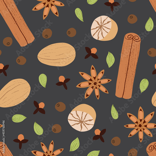 Spice seamless pattern. Holiday print with spicy ingredients for hot drink - mulled wine ot Christmas punch. Flat hand drawn anise star, nutmeg, cinnamon, cardamom collection.