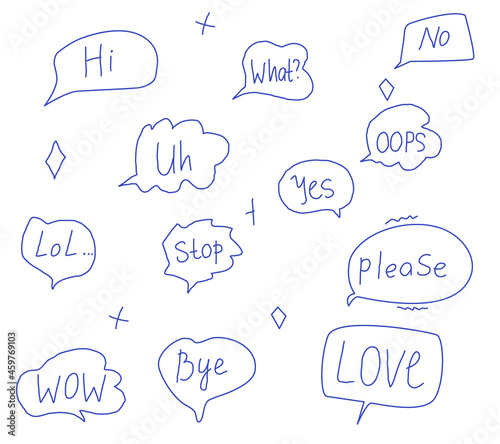 Handwritten words in the clouds. Phrases: love, lol, no, hi. A set of hand-drawn phrases