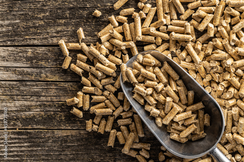 Wooden pellets in scoop. Ecological heating.