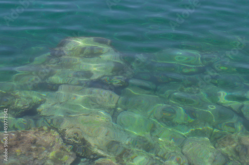 Stones and corals under water  glare on the sea surface