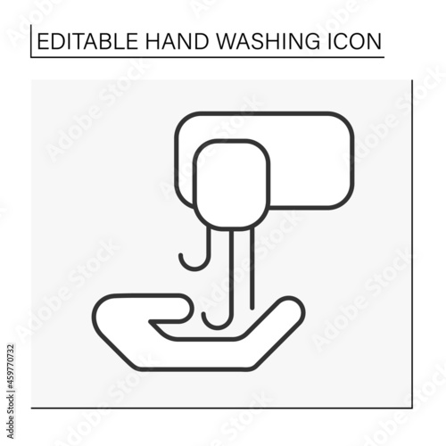  Hand washing line icon. Automatic soap machine. Sanitizing. Hygiena concept. Isolated vector illustration. Editable stroke