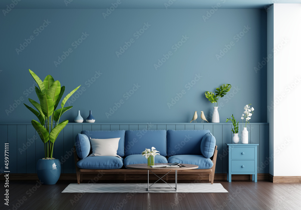 Blue sofa in blue living room with copy space, 3D rendering Stock ...