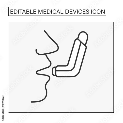 Inhaler line icon. Portable device. Medical drugs for breathing in. Relieving asthma and bronchial or nasal congestion. Medical devices concept. Isolated vector illustration. Editable stroke